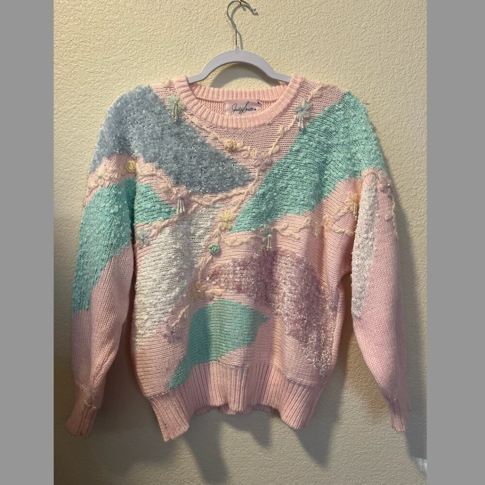 Vintage Jocelyn Smith Pastel Pink Sweater with Embroidered and Pearl Beading